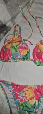 Floral Tie-String Bikini Top and Bottom - Pink, Yellow, Green